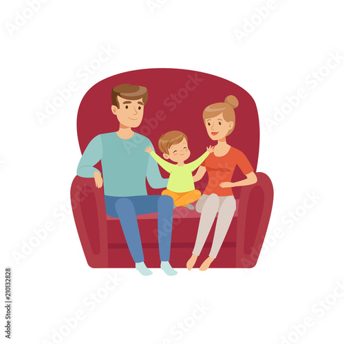 Mom, dad and their little son sitting on the sofa, happy family and parenting concept vector Illustration on a white background
