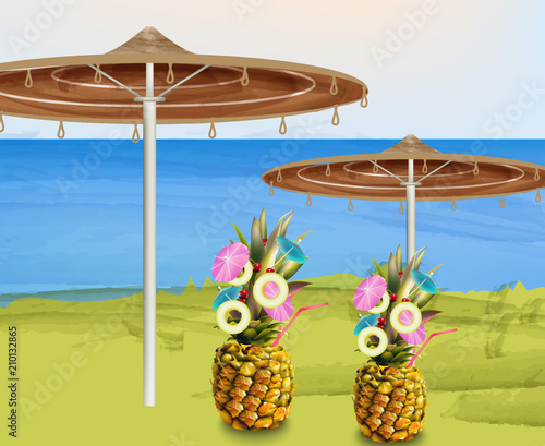 Summer umbrella and pineapple cocktails Vector
