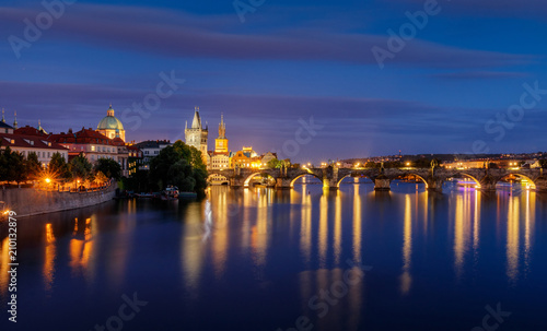 View of the River Vltava and Charles Bridge at Dusk, Prague, Czech, Republic, Europe