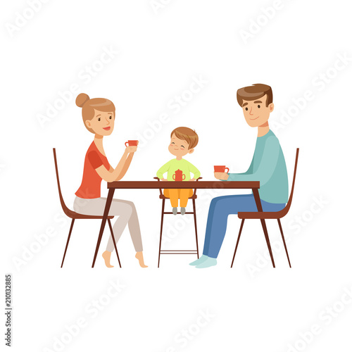 Mom, dad and their son sitting at the table and drinking tea, happy family and parenting concept vector Illustration on a white background