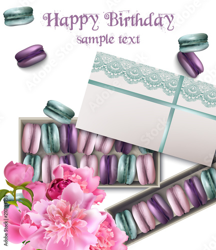 Happy birthday card with macaroons and peony flowers Vector