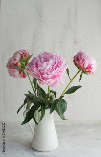 Fototapeta Naklejka Na Ścianę i Meble -  Peonies Flowers White White vase  background Wedding theme Copy space