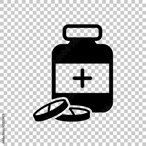 Pills and medicine bottle. On transparent background.