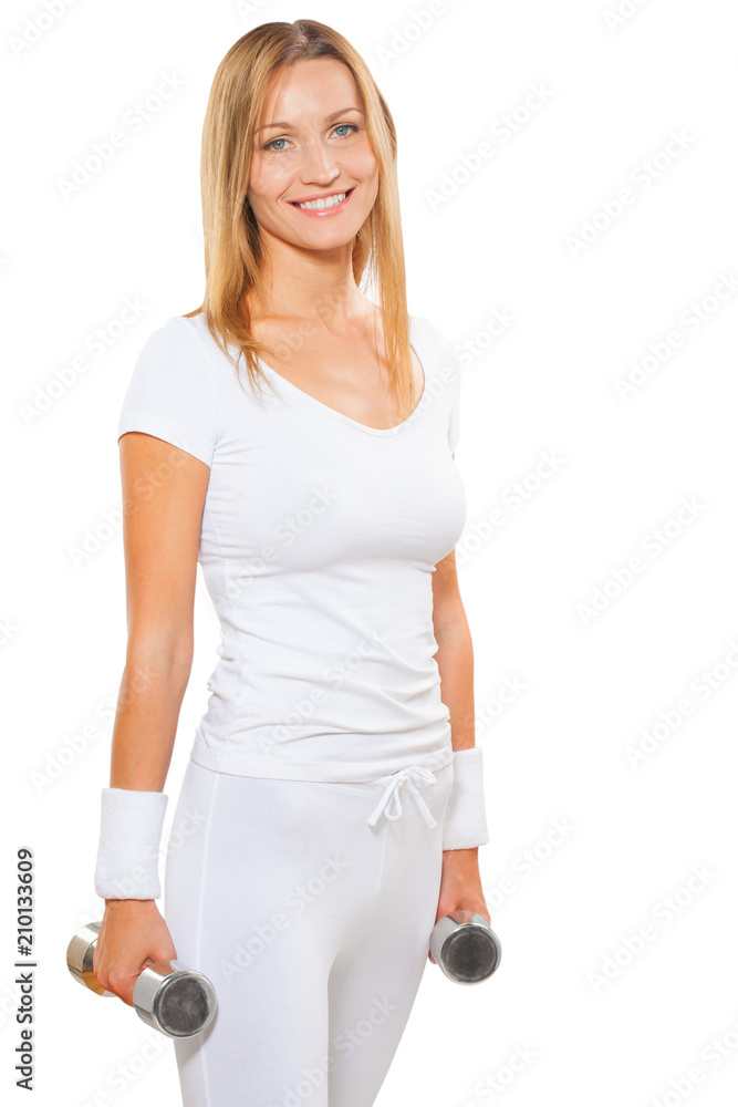 a smiling sports woman with dumbbells standing looking at camera a smiling sports woman with dumbbells standing looking at camera