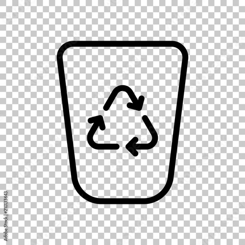 Recucle bin, reuse symbol on backet. Linear, thin outline. On tr