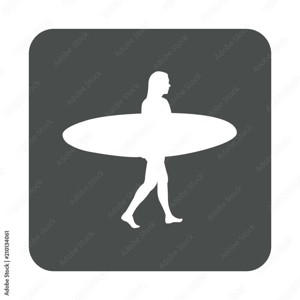 Icono plano mujer con tabla de surf en cuadrado gris Icono plano mujer con tabla de surf en cuadrado gris