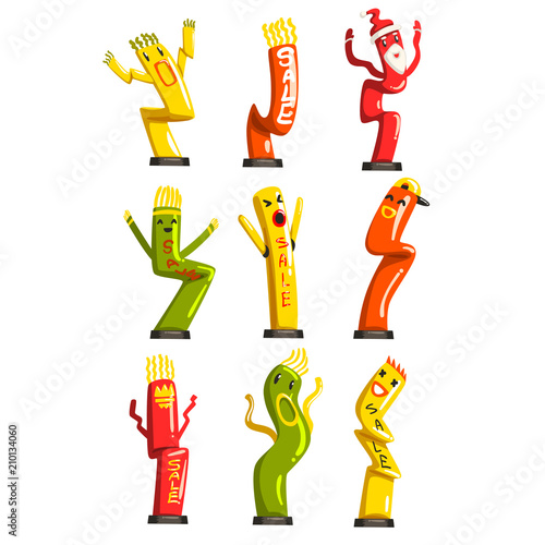 Colorful dancing inflatable tube men set with waving hands vector Illustrations on a white background