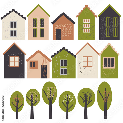 Cute houses and trees. Vector illustration.