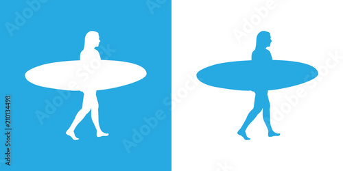 Icono plano mujer con tabla de surf en azul y blanco