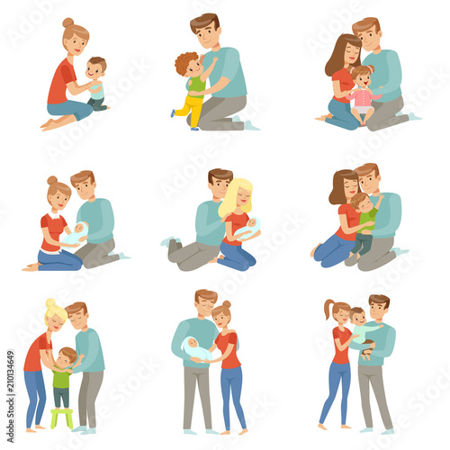 Happy parents embracing their kids set, mother and father hugging their children, happy family concept vector Illustration on a white background