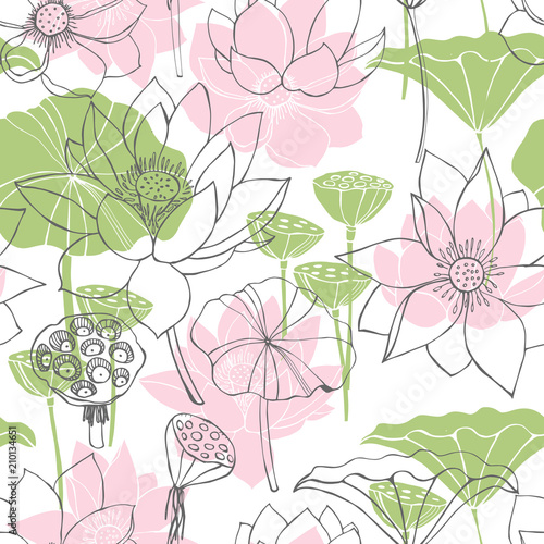 Floral vector  seamless pattern with hand drawn lotus flowers and leaves
