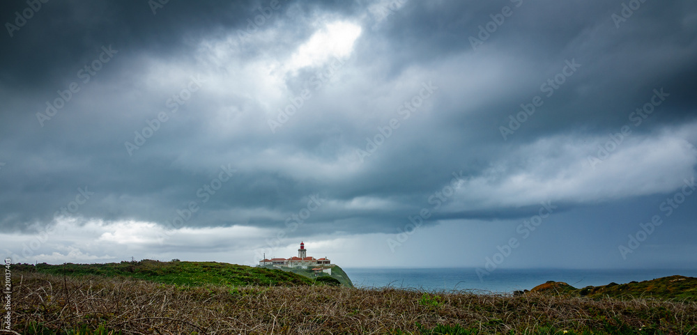 Cabo da Roca Lighthouse under the storm, wide angle