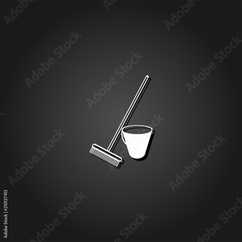 Bucket and rake for the sandboxes icon flat. Simple White pictogram on black background with shadow. Vector illustration symbol