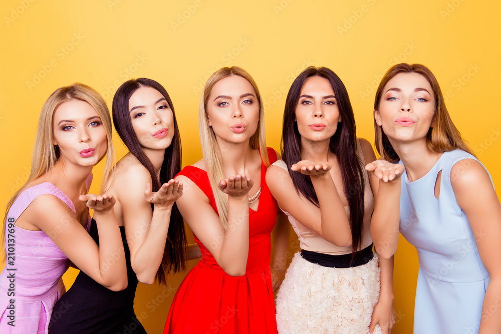 Pouted lips, ladies! ! Five young hot coquettes are posing for photo, all in colorful cocktail dresses, so pretty, lovely and cute! Ready to celebrate hen party Pouted lips, ladies! ! Five young hot coquettes are posing for photo, all in colorful cocktail dresses, so pretty, lovely and cute! Ready to celebrate hen party