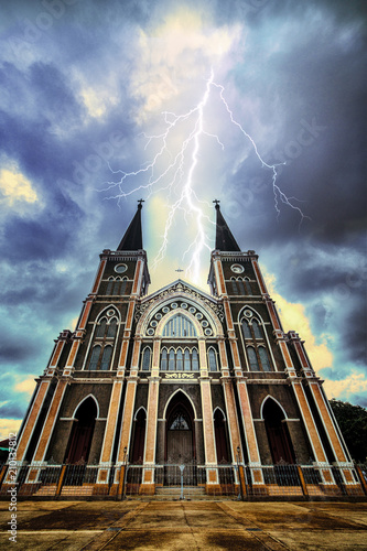 Maephra Patisonti Niramon Church, Cathedral of the Immaculate Conception in Chantaburi province , Thailand, Church with rainy cloud sky and thunder photo