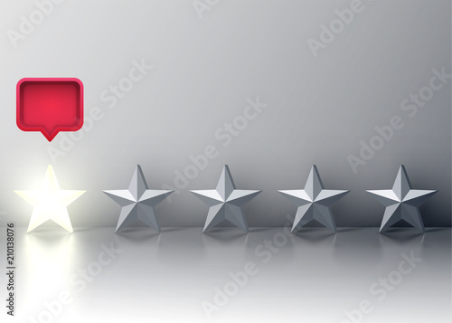 Fototapeta Naklejka Na Ścianę i Meble -  Five-star rating with glowing star and a red speech bubble above, vector illustartion