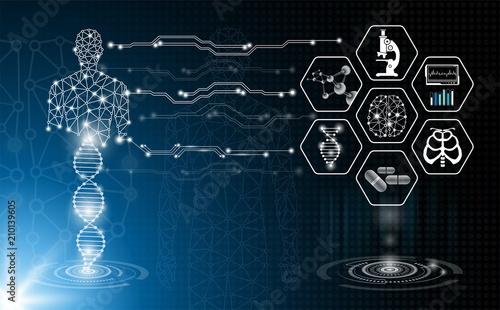 abstract background technology concept in blue light,human body heal,technology modern medical science in future and global international medical with tests analysis clone DNA human