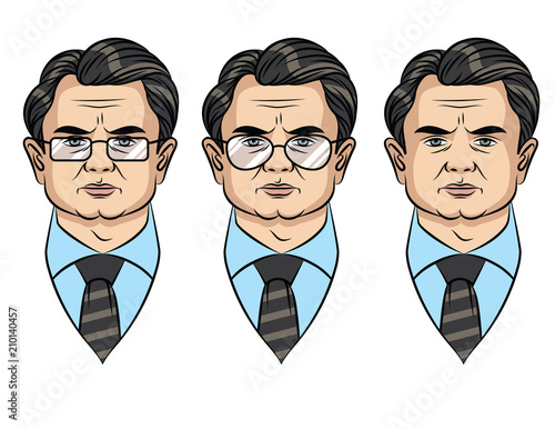 Vector cartoon style avatar of a serious face of adult man. Colorful portrait of a businessman in different style of glasses