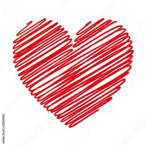 Red heart scribble with lines texture on white background. Element for your Valentine’s Day Design