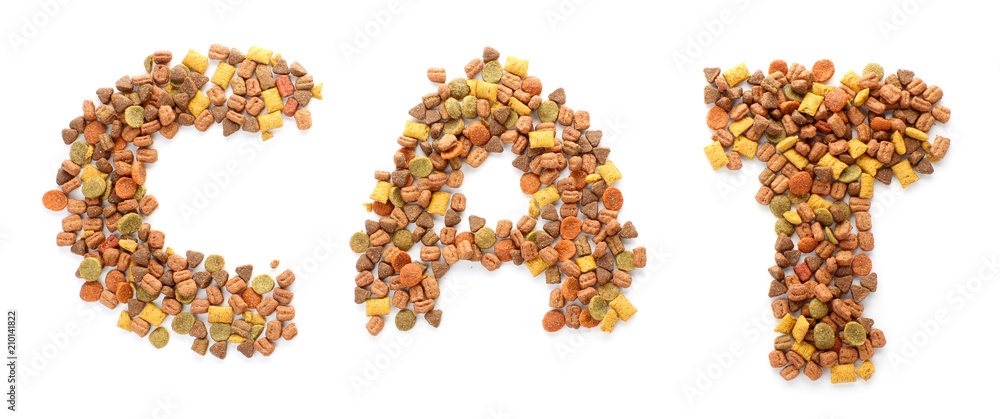 Word CAT made of dry pet food on white background Word CAT made of dry pet food on white background