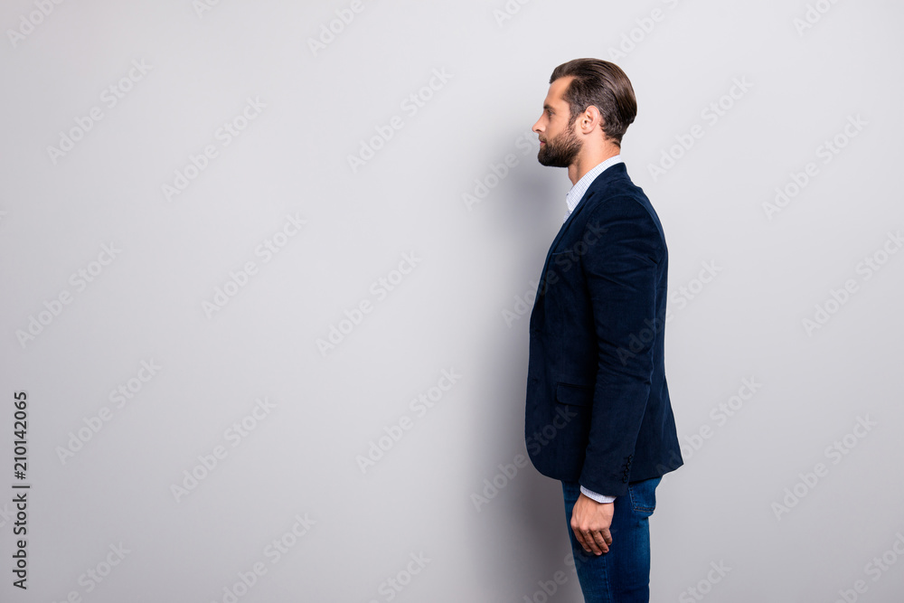 Profile side half-faced view photo of concentrated serious pondering pensive attractive handsome virile masculine mature rich economist, dark blue blazed jeans isolated on gray background copy-space Profile side half-faced view photo of concentrated serious pondering pensive attractive handsome virile masculine mature rich economist, dark blue blazed jeans isolated on gray background copy-space