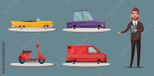 Sale of a new car. The seller at the car showroom shows the vehicle. Vector cartoon illustration