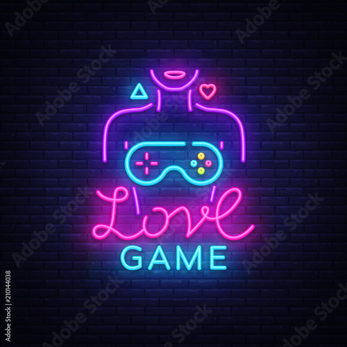 Video Games Vector Conceptual Logo. Love Game neon sign, modern trend design, bright vector illustration, promotional character games, light banner. Vector Illustration