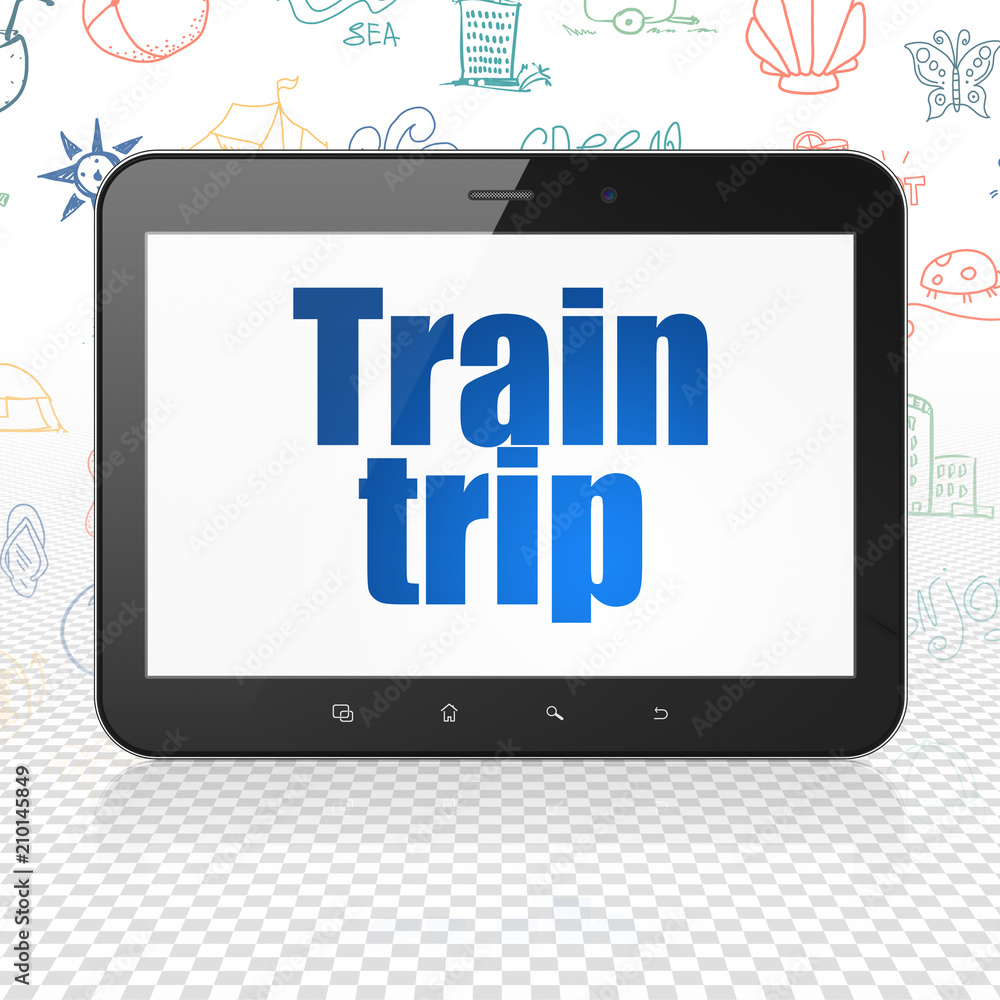 Tourism concept: Tablet Computer with blue text Train Trip on display, Hand Drawn Vacation Icons background, 3D rendering Tourism concept: Tablet Computer with blue text Train Trip on display, Hand Drawn Vacation Icons background, 3D rendering