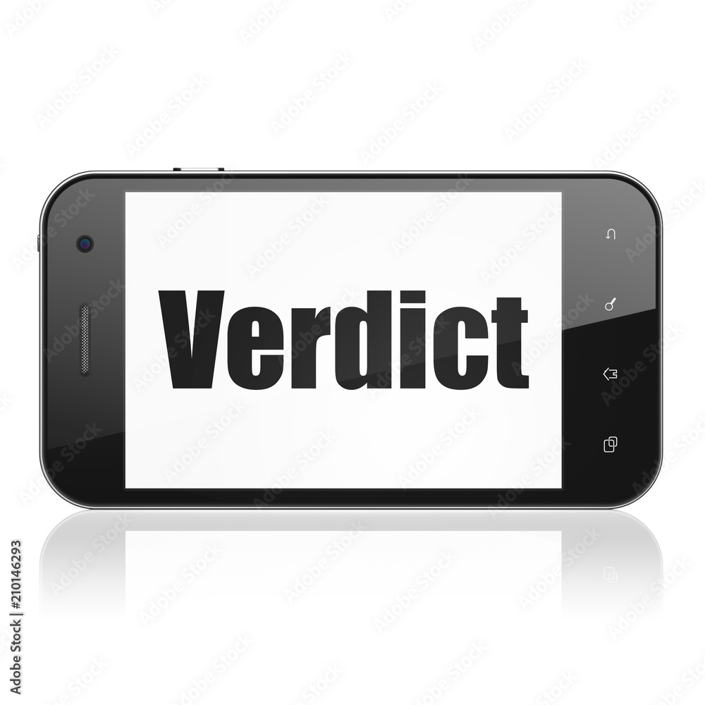 Law concept: Smartphone with black text Verdict on display, Tag Cloud background, 3D rendering Law concept: Smartphone with black text Verdict on display, Tag Cloud background, 3D rendering