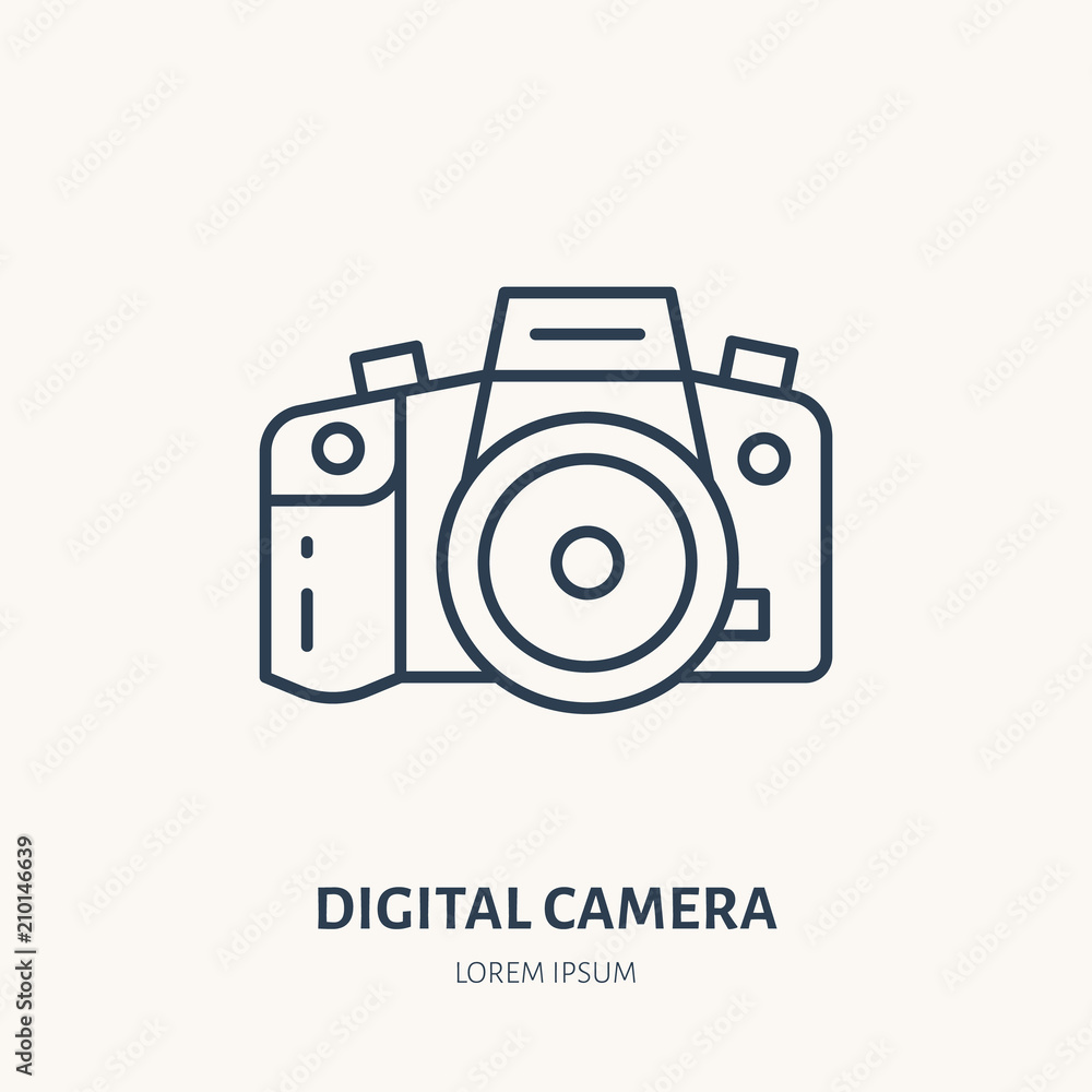 Digital camera flat line icon. Photography equipment sign. Thin linear logo for photo studio. Digital camera flat line icon. Photography equipment sign. Thin linear logo for photo studio.