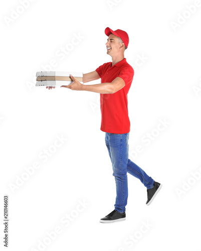 Young man with pizza boxes on white background. Food delivery service © Pixel-Shot