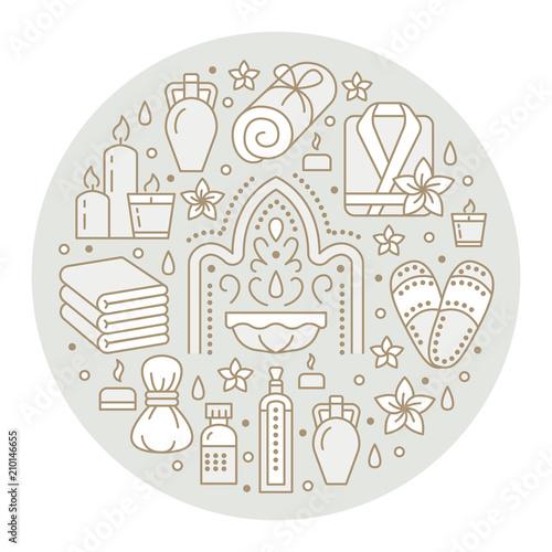 Spa center banner illustration with flat line icons. Essential oils, aromatherapy massage, turkish steam bath hamam sauna, bathrobe. Circle template thin linear signs body treatments.