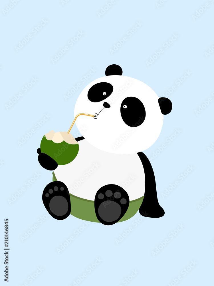 Fototapeta premium Vector Illustration: A cute cartoon giant panda is drinking coconut milk in summer vacation, sitting on the ground, wearing shorts