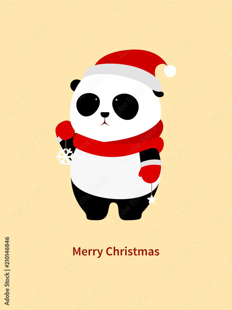 Vector Illustration: A cute cartoon giant panda with red scarf, red christmas hat and red gloves is holding snowflake and star decorations in the hands.