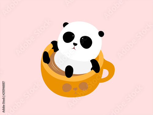 Vector Illustration: A cute cartoon giant panda lying in a cup of coffee, enjoying taking a bath in thermal spring / hot spring.