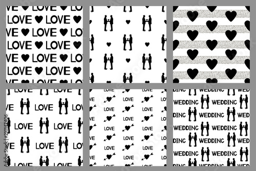 Wedding set. Seamless patterns with silhouettes of the grooms and hearts. Same-sex marriage.