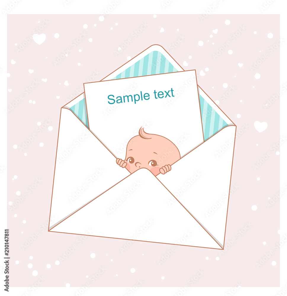 Baby shower card. Cute little baby boy in envelope. Design template