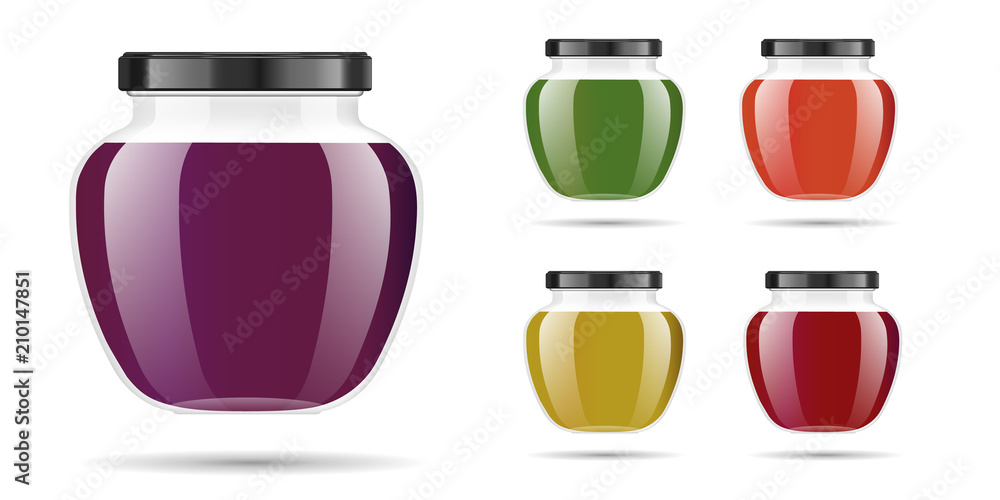 Realistic transparent glass jar with jam, confiture or sauce. Preserving packaging set. Label and logo for jam. Mock up jar with design label or badges. Vector illustrations. Realistic transparent glass jar with jam, confiture or sauce. Preserving packaging set. Label and logo for jam. Mock up jar with design label or badges. Vector illustrations.
