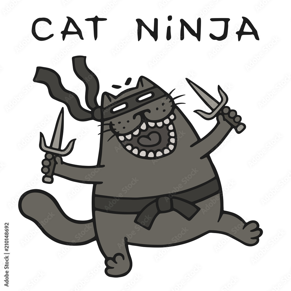 cartoon fat ninja cat with sais is attacking. vector illustration. cartoon fat ninja cat with sais is attacking. vector illustration.