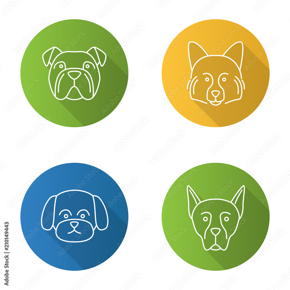 Dogs breeds flat linear long shadow icons set