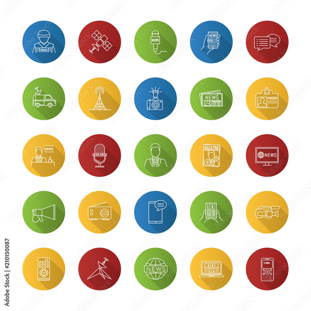 Mass media flat linear long shadow icons set Mass media flat linear long shadow icons set