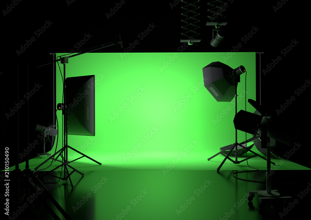 A green screen photography studio background with lighting. 3D