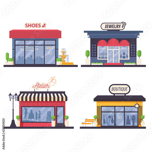 Set with flat woman fashion store front like jewelry, atelier, dress boutique and bags and shoes shop isolated on white