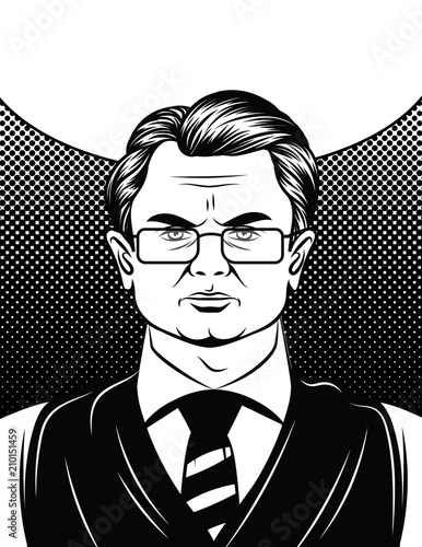 Vector comic style illustration of a serious face of adult man. Black and white portrait of a businessman in glasses