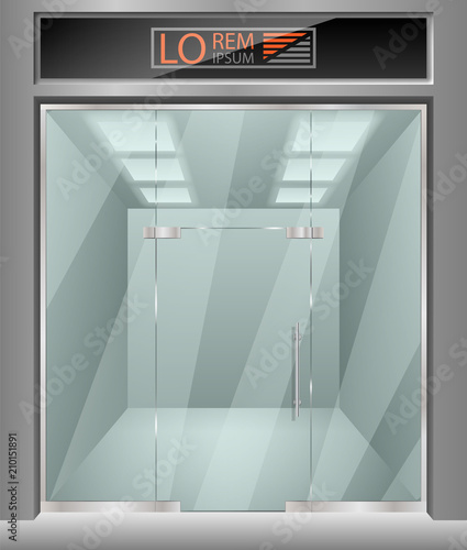 Template for advertising 3d store front facade. Exterior horizontal empty shop for your design. Blank mockup of stylish glass street shop exterior. Vector illustration