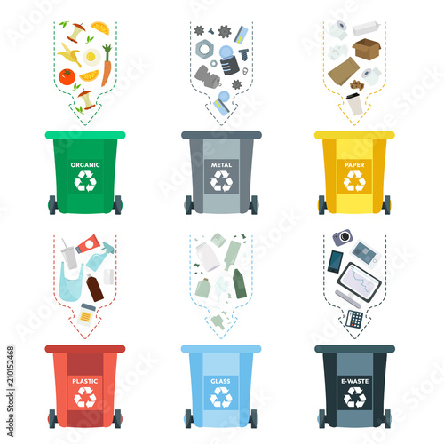 Vector illustration, set of flat logo symbols. Recycling garbage elements. Sorting and processing of garbage. Utilize waste. Trash bags bins cans