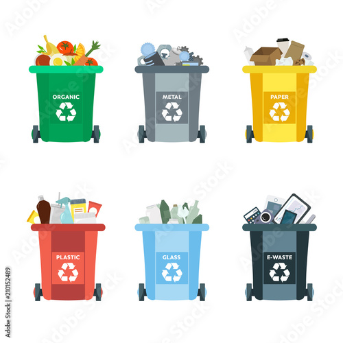 Vector illustration, set of flat logo symbols. Recycling garbage elements. Sorting and processing of garbage. Utilize waste. Trash bags bins cans