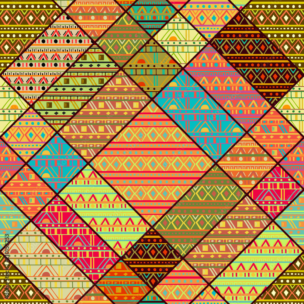 Seamless patchwork pattern with tribal geometric ornament. Ethnic design for fabric, print, wrapping paper, card, invitation, wallpaper. Vector illustration 