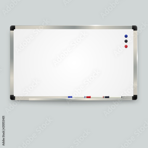 Empty whiteboard with color markers and magnetic , whiteboard background