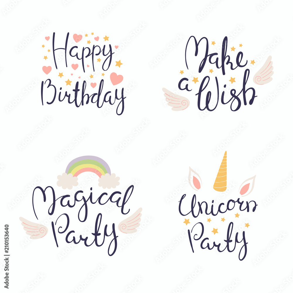 Set of hand written Happy Birthday lettering quotes, with hearts ...